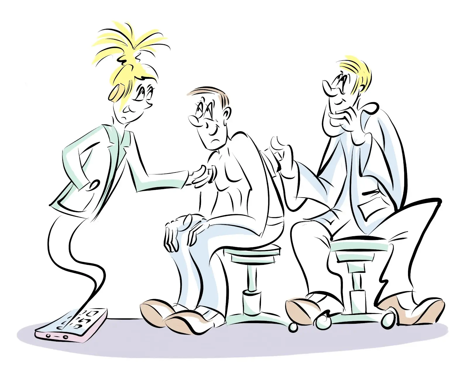 Cartoon of two doctors examining a patient while a genie-like chatbot rises from a phone on the floor