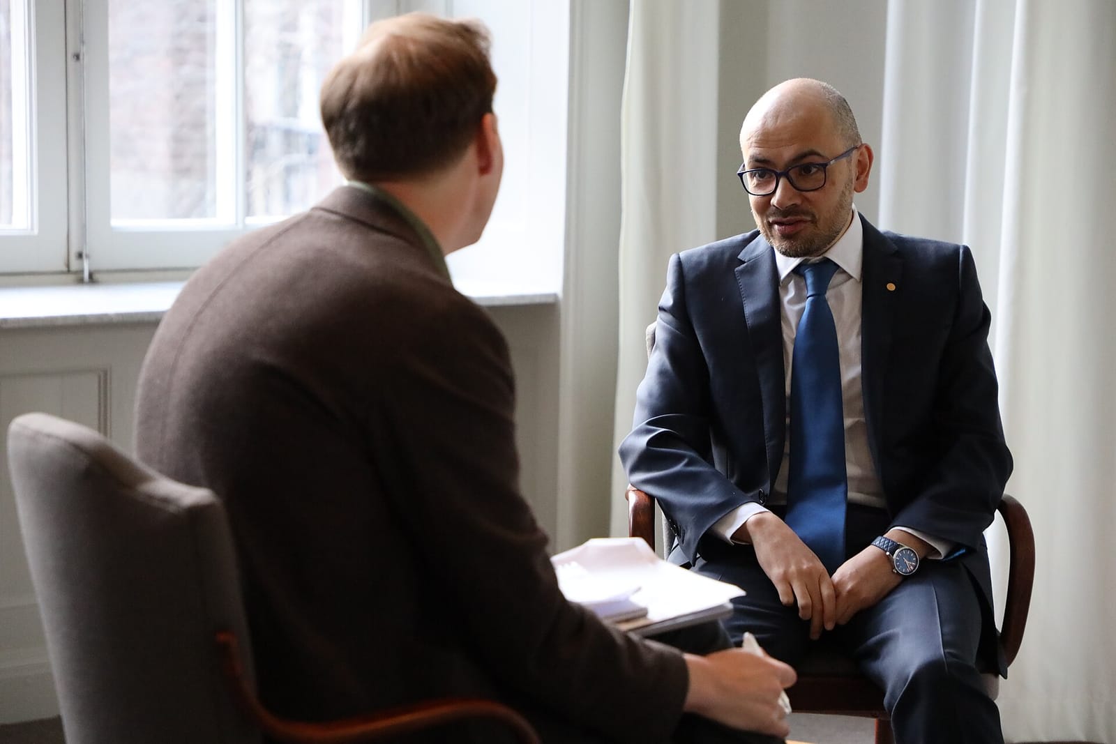 Google DeepMind co-founder Demis Hassabis being interviewed during Nobel Week 2024