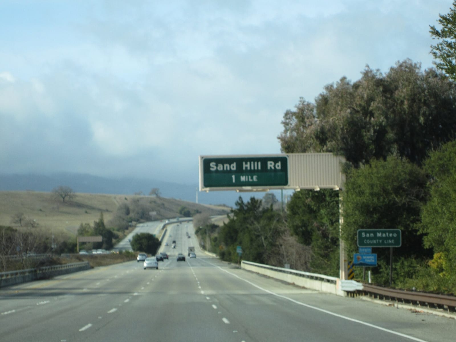 Highway sign for the Sand Hill Road exit, home of many venture capital firms, in Silicon Valley