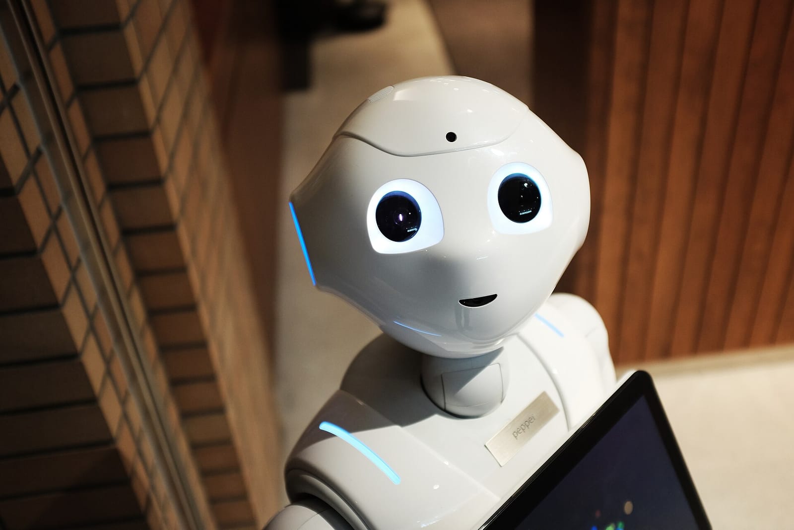 Close-up of a white Pepper humanoid robot holding a tablet