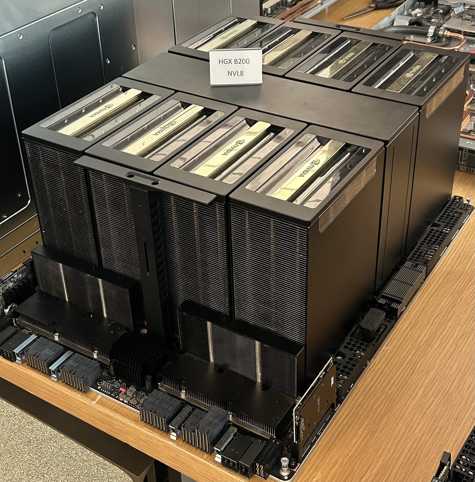 NVIDIA HGX B200 GPU boards with large heatsinks on display