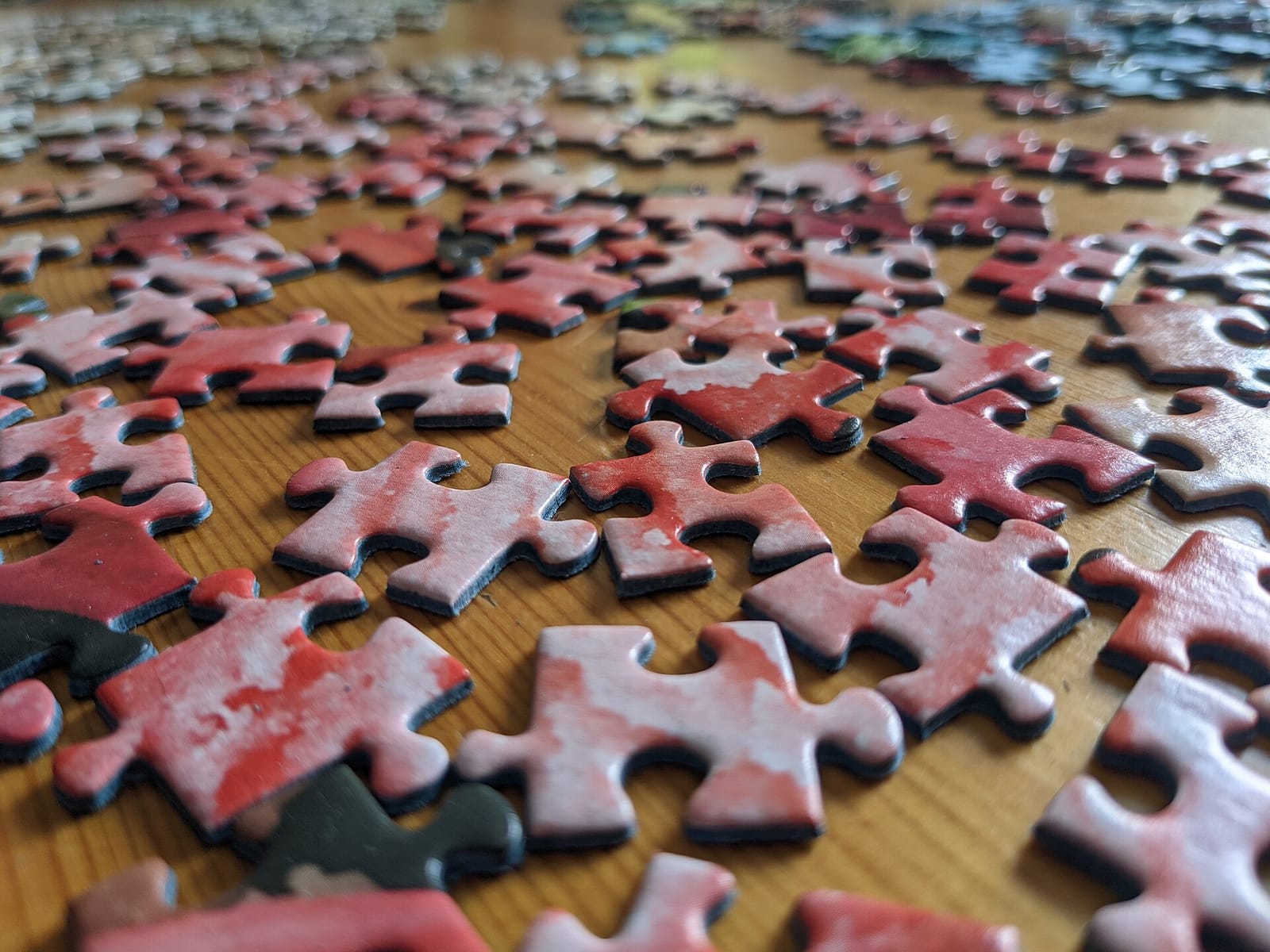 Many loose red jigsaw puzzle pieces spread on a table