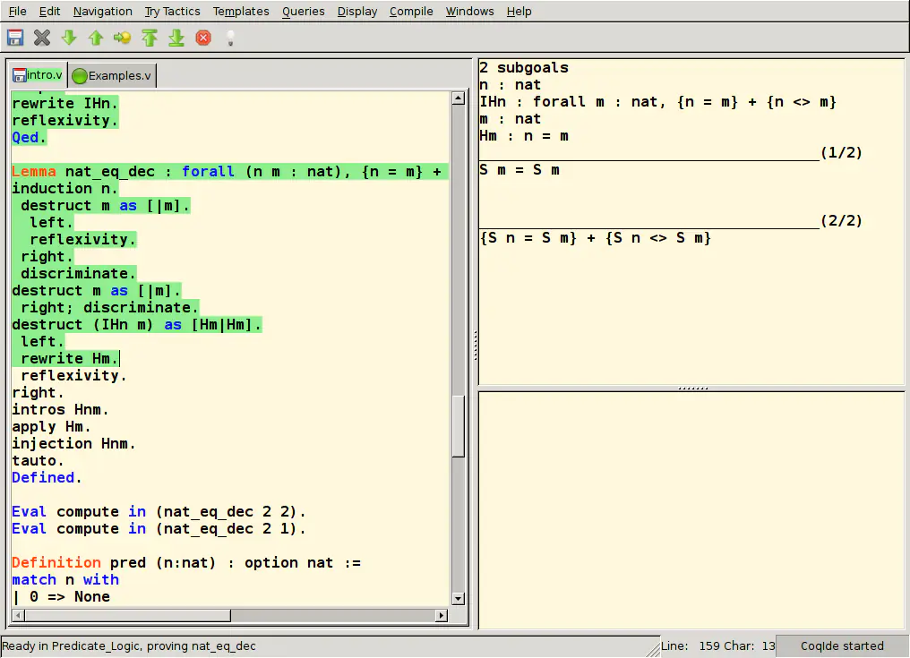 Screenshot of a proof assistant window showing a formal proof about equality of natural numbers