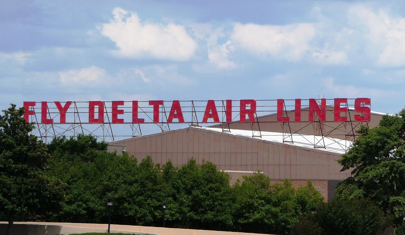 Fly Delta Air Lines sign at Delta's world headquarters in Atlanta