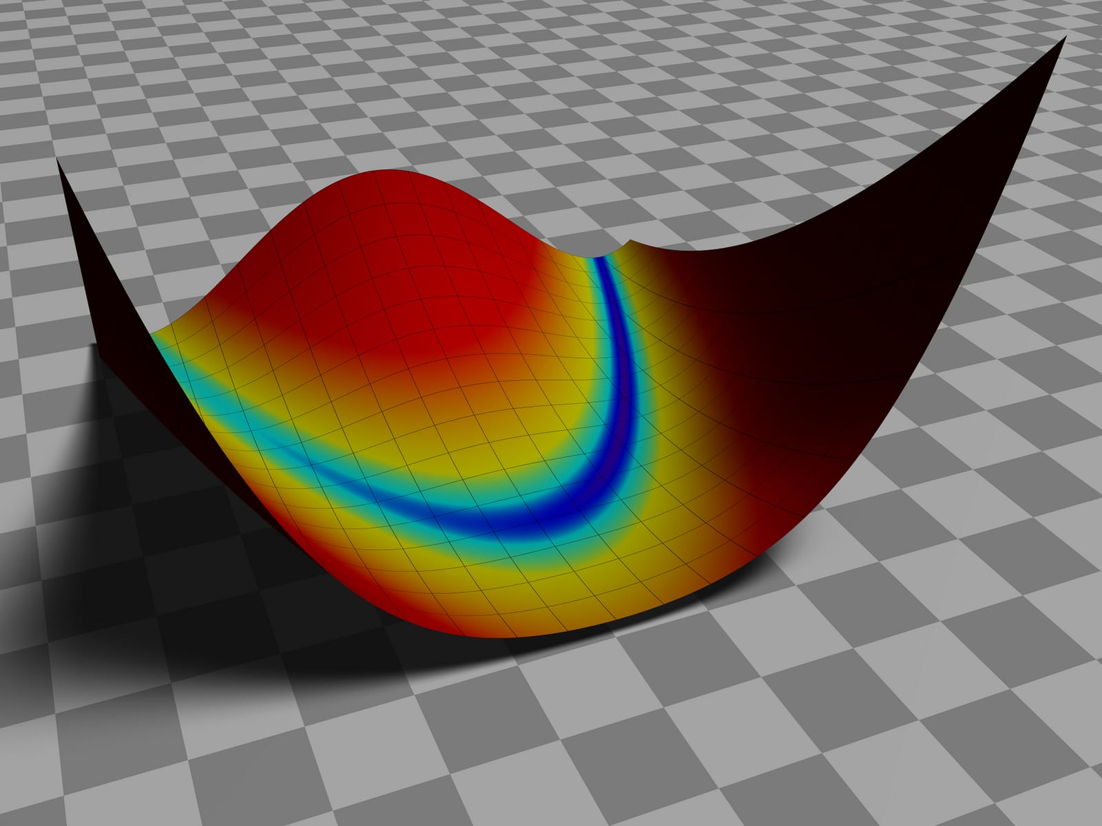 3D surface plot of the Rosenbrock function, a curved valley used as a standard test problem for optimization algorithms