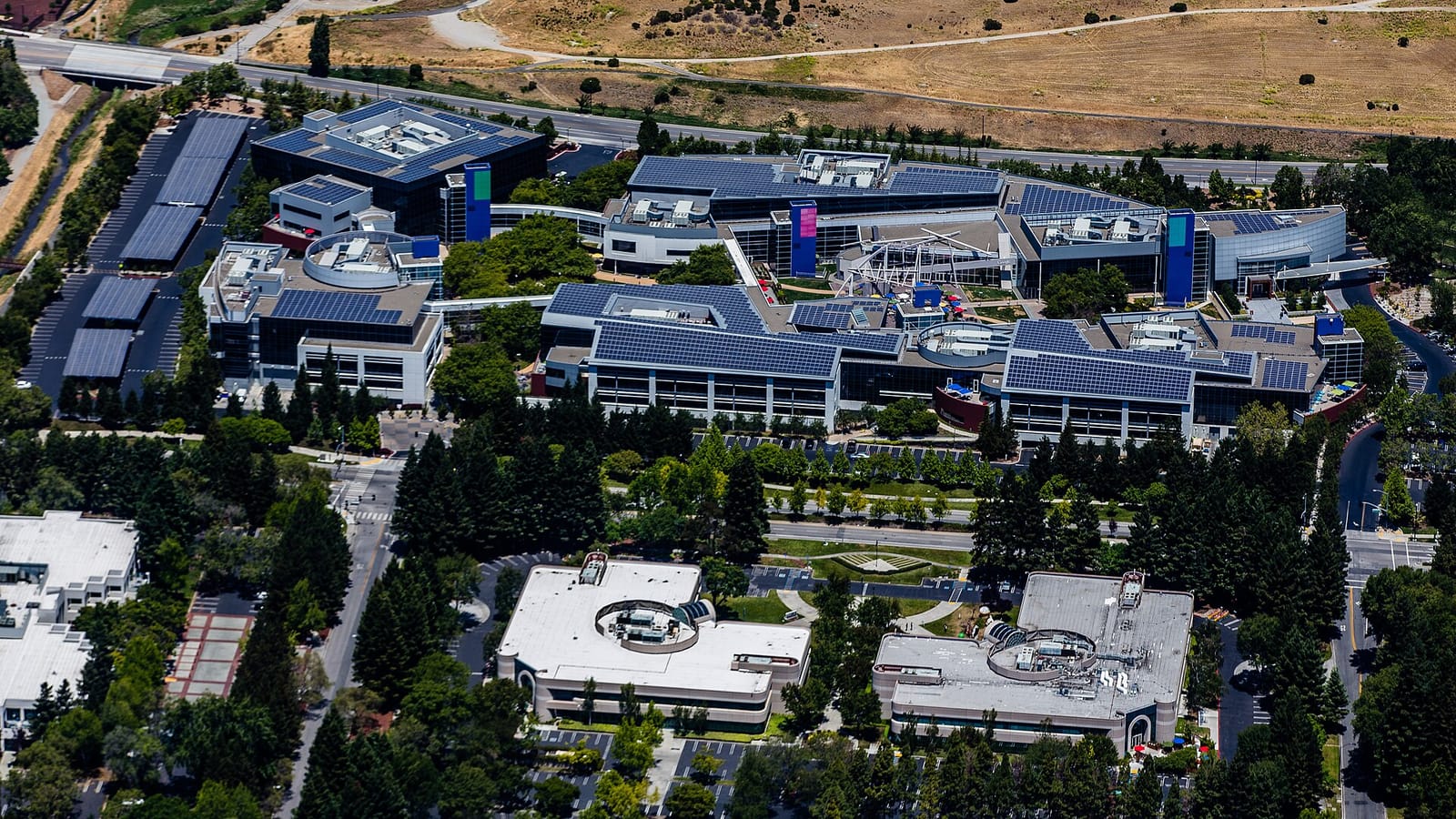 Aerial view of the main Google campus in Mountain View, California