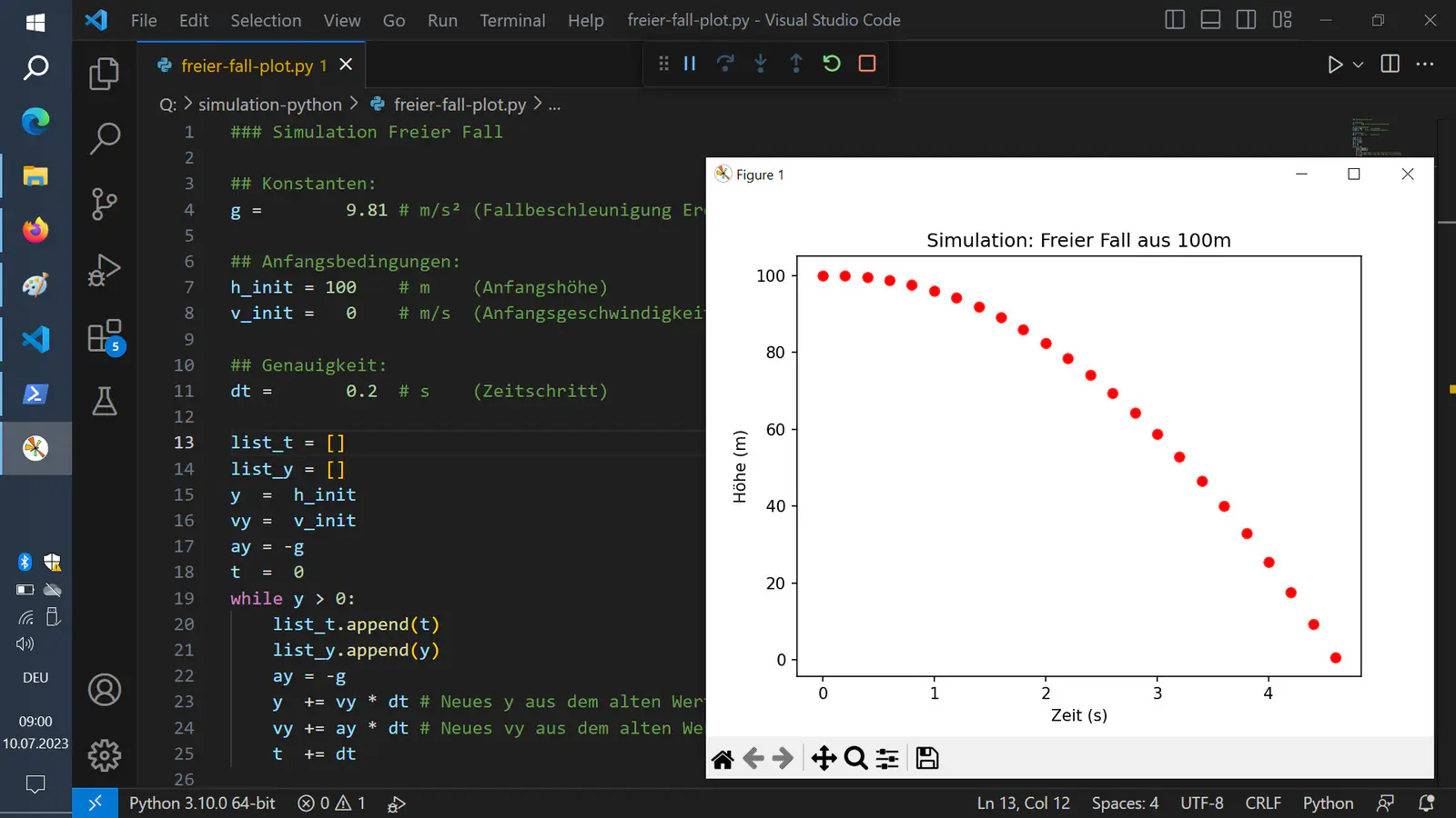 A screen showing Python source code in an editor next to a plotted simulation