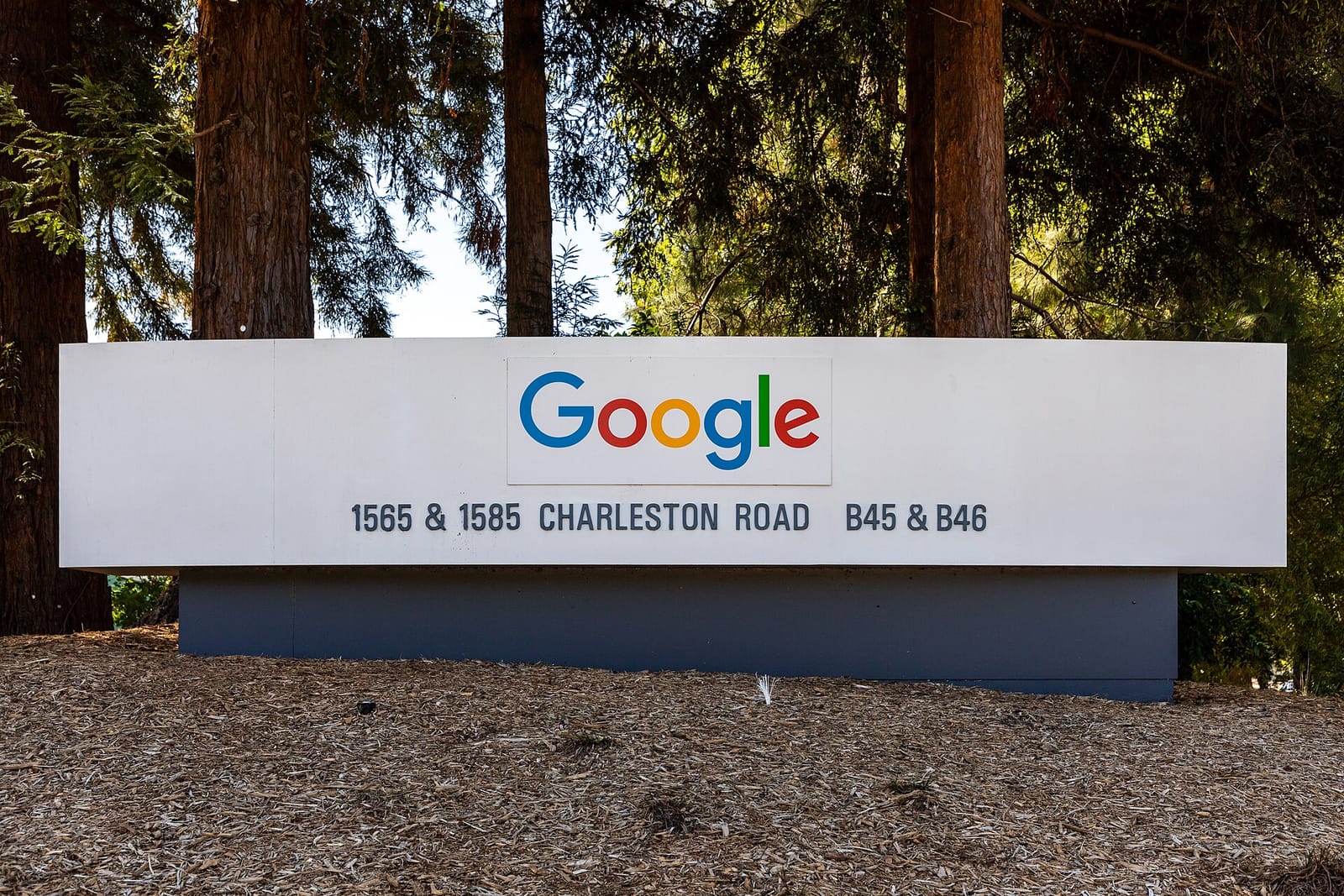 Google company sign on Charleston Road in Mountain View, California