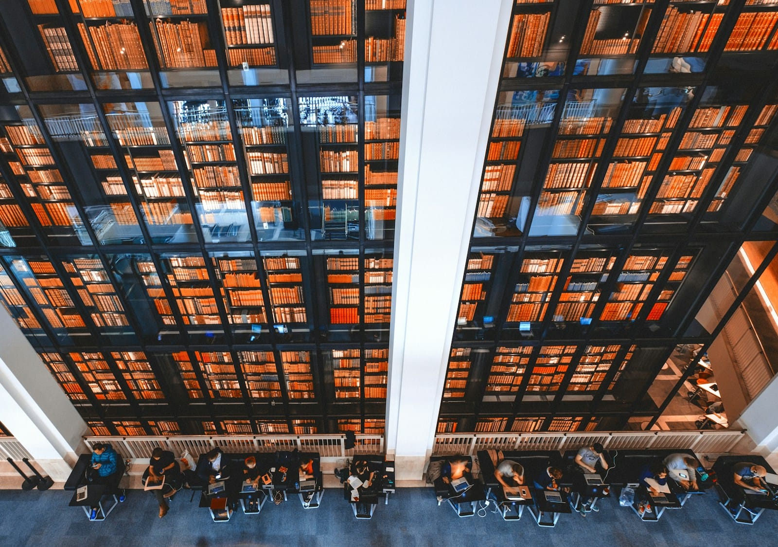 View from above of a library with many bookshelves